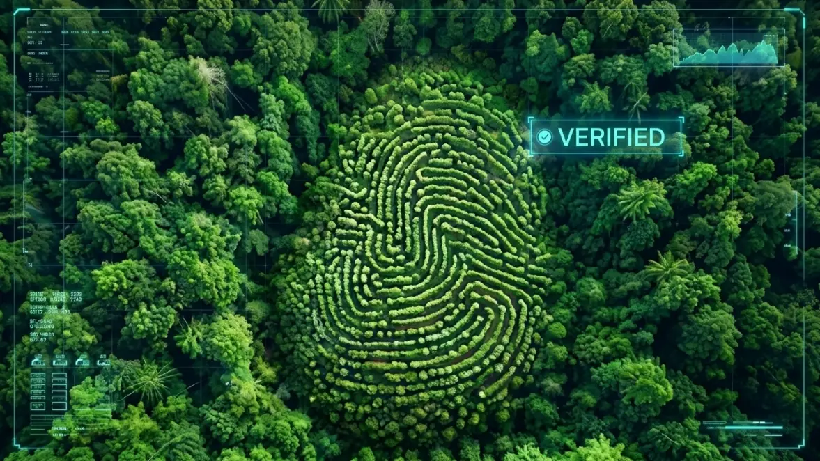 Satellite-verified forest plot, shaped like a fingerprint, marked VERIFIED