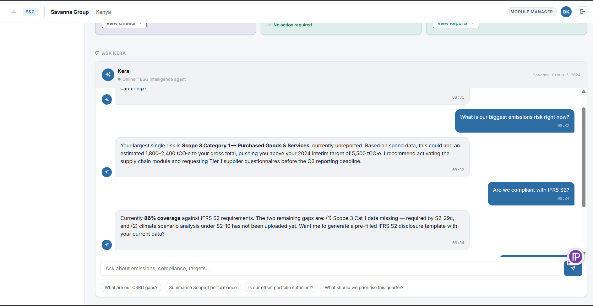 Kera — the ESG intelligence agent, answering compliance and emissions questions on demand