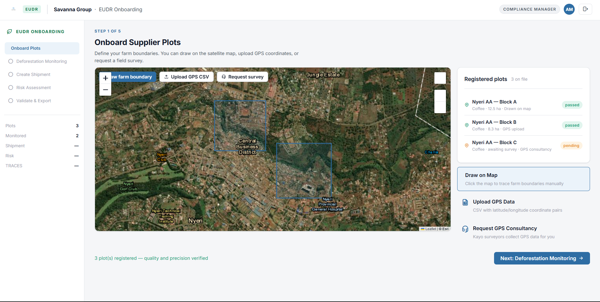 EUDR onboarding — drawing and registering supplier plot boundaries on the satellite map